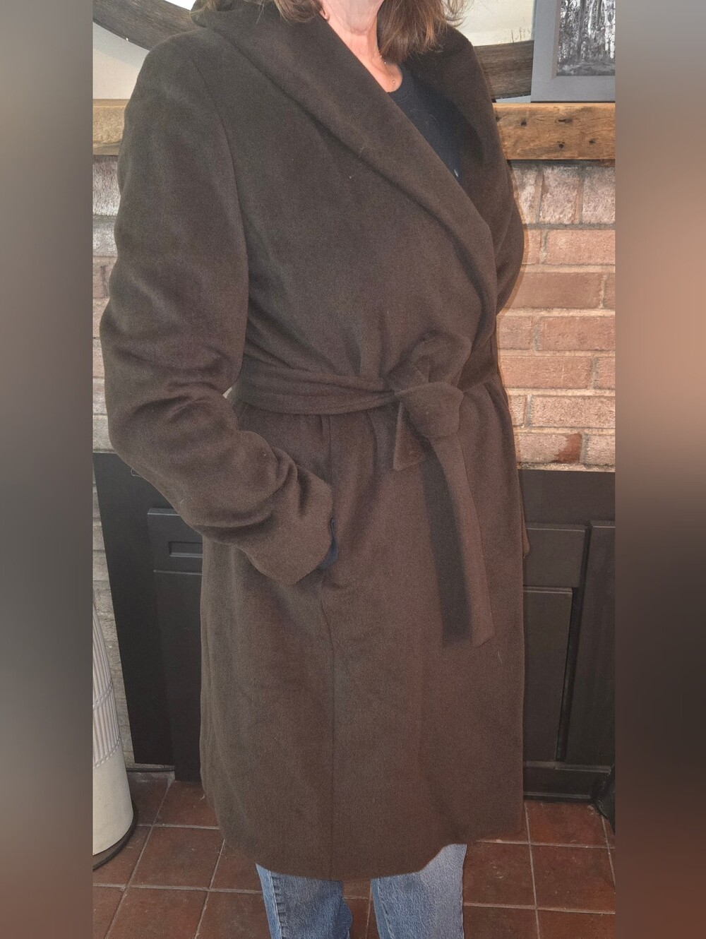 Classic Dark Brown Wrap Angora/ Wool Coat with Belt